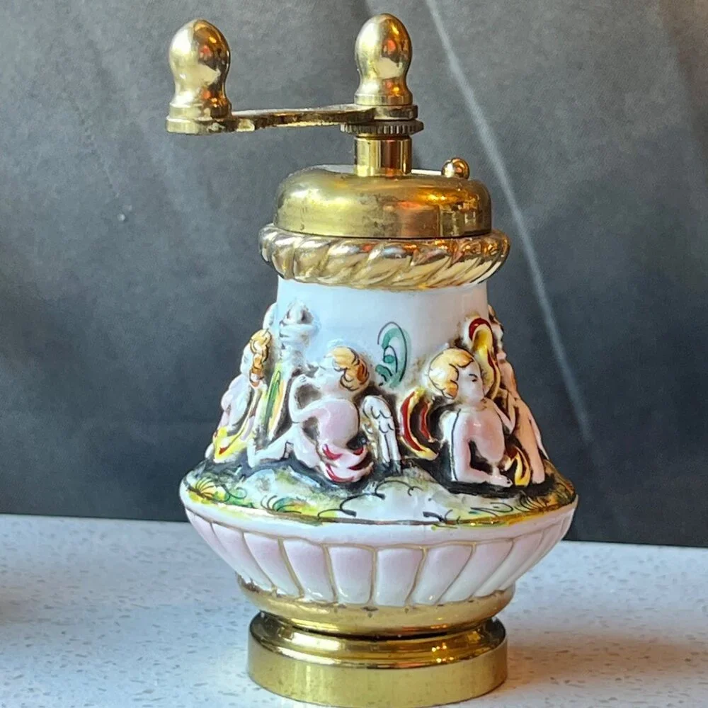 Capodimonte Ceramic & Brass Salt Shaker & Pepper Mill